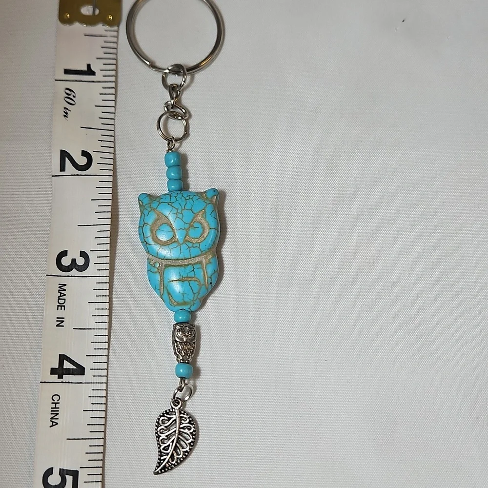 Turquoise Owl Charm With Silver Leaf Charm Keyring Handmade
